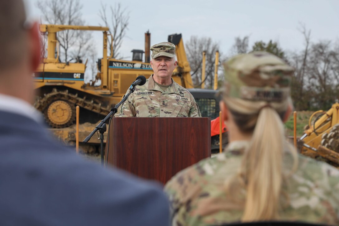 Maj. Gen. Hal Lamberton, The Adjutant General for Kentucky, speaks to the audience during the groundbreaking ceremony of the new maintenance facility at the Burlington Readiness Center in Northern Kentucky Nov. 18, 2024. The new 25,156 square foot maintenance facility will include wide maintenance bays, storage and administration space capable of sustaining modern military vehicles and equipment in Kentucky’s fastest growing area for population (U.S. Army National Guard photo by SFC Benjamin Crane)