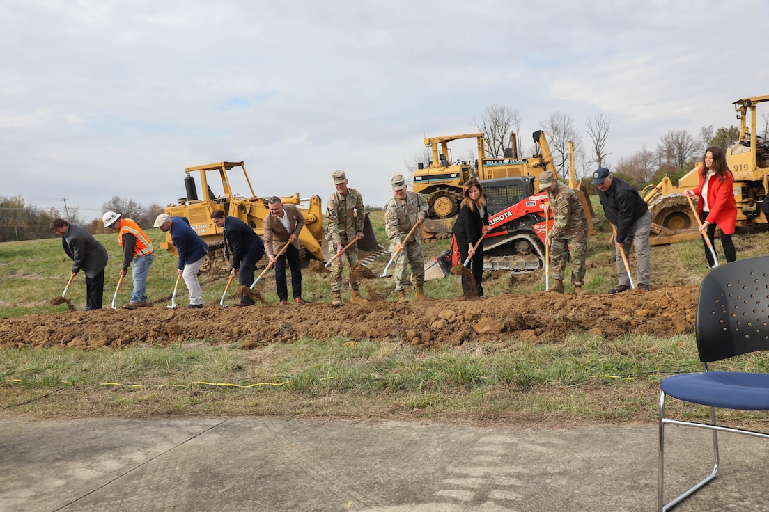 The Adjutant General for Kentucky, Maj. Gen. Hal Lamberton, was joined by Kentucky Guard leaders and local government representatives, as well as, project supervisors, as they broke ground on the new Field Maintenance Shop in Burlington, Ky., Nov. 18, 2024. The new 25,156 square foot maintenance facility will include wide maintenance bays, storage and administration space capable of sustaining modern military vehicles and equipment in Kentucky’s fastest growing area for population. (U.S. Army National Guard photo by Sgt. 1st Class Benjamin Crane)