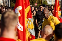 U.S. Marine Corps Brig. Gen. James A. Ryans II, commanding general, Marine Corps Recruit Depot San Diego and Western Recruiting Region, speaks about the importance of spiritual fitness to Marines and Sailors after the motivational run at Marine Corps Recruit Depot San Diego, California, Nov. 25, 2024. The Depot celebrated Spiritual Fitness Month, a program implemented to bring inner strength from higher purpose, with a motivational run prior to the U.S. Chaplain Corps birthday celebration. MCRDSD is the first Marine Corps Base to implement the Spiritual Fitness Month program. (U.S. Marine Corps photo by Lance Cpl. Eric Valerio)