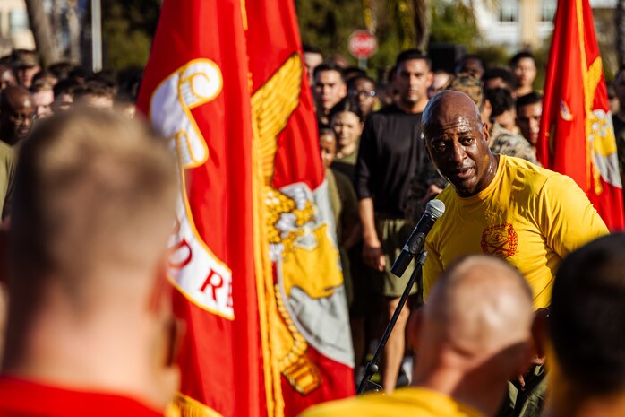 U.S. Marine Corps Brig. Gen. James A. Ryans II, commanding general, Marine Corps Recruit Depot San Diego and Western Recruiting Region, speaks about the importance of spiritual fitness to Marines and Sailors after the motivational run at Marine Corps Recruit Depot San Diego, California, Nov. 25, 2024. The Depot celebrated Spiritual Fitness Month, a program implemented to bring inner strength from higher purpose, with a motivational run prior to the U.S. Chaplain Corps birthday celebration. MCRDSD is the first Marine Corps Base to implement the Spiritual Fitness Month program. (U.S. Marine Corps photo by Lance Cpl. Eric Valerio)