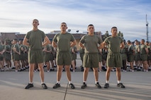 New U.S. Marines with Golf Company, 2nd Recruit Training Battalion, pose for a photo prior to the company motivational run at Marine Corps Recruit Depot San Diego, California, Nov. 25, 2024. The company motivational run is a three-mile cadence run conducted around the Depot, the last physical training event the Marines will conduct before they graduate from MCRD San Diego and the first time their friends and families will see their newly transformed U.S. Marines. (U.S. Marine Corps photo by Cpl. Alexandra M. Earl)