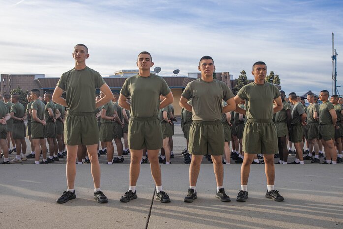 New U.S. Marines with Golf Company, 2nd Recruit Training Battalion, pose for a photo prior to the company motivational run at Marine Corps Recruit Depot San Diego, California, Nov. 25, 2024. The company motivational run is a three-mile cadence run conducted around the Depot, the last physical training event the Marines will conduct before they graduate from MCRD San Diego and the first time their friends and families will see their newly transformed U.S. Marines. (U.S. Marine Corps photo by Cpl. Alexandra M. Earl)
