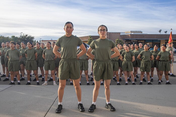 New U.S. Marines with Golf Company, 2nd Recruit Training Battalion, from Recruiting Station Portland pose for a photo prior to the company motivational run at Marine Corps Recruit Depot San Diego, California, Nov. 25, 2024. The company motivational run is a three-mile cadence run conducted around the Depot, the last physical training event the Marines will conduct before they graduate from MCRD San Diego and the first time their friends and families will see their newly transformed U.S. Marines. (U.S. Marine Corps photo by Cpl. Alexandra M. Earl)