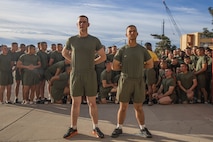 New U.S. Marines with Golf Company, 2nd Recruit Training Battalion, pose for a photo prior to the company motivational run at Marine Corps Recruit Depot San Diego, California, Nov. 25, 2024. The company motivational run is a three-mile cadence run conducted around the Depot, the last physical training event the Marines will conduct before they graduate from MCRD San Diego and the first time their friends and families will see their newly transformed U.S. Marines. (U.S. Marine Corps photo by Cpl. Alexandra M. Earl)