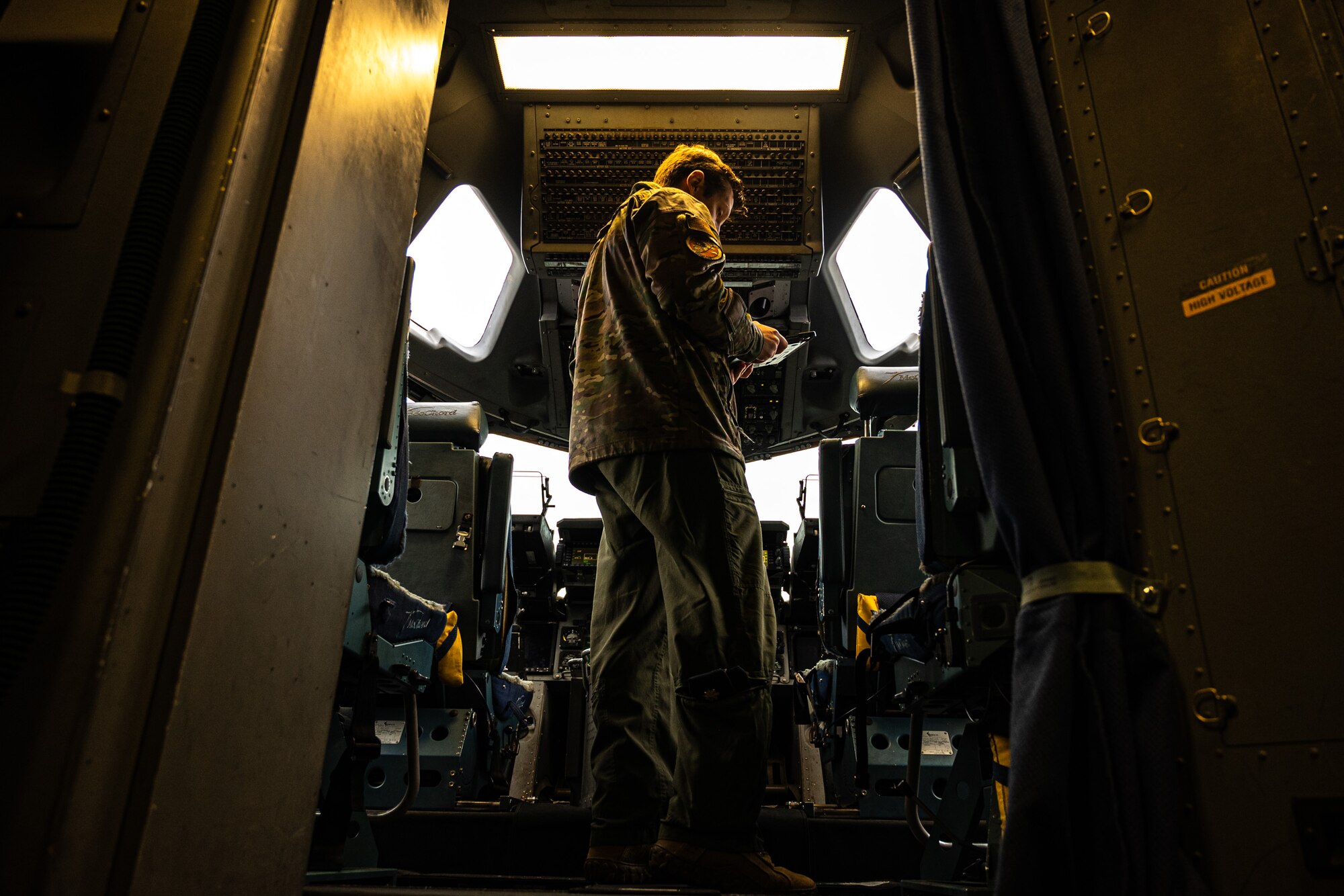 U.S. Air Force Airmen with the 62d Airlift Wing prepare for a training sortie at Joint Base Lewis-McChord, Washington, Nov. 26. 2024. This training sortie included low-level flying and combat maneuvering for pilot requalification and combat offload practice for the loadmaster onboard. Training sorties like this are critical to ensuring all Airmen are mission ready while preparing the Wing to win.