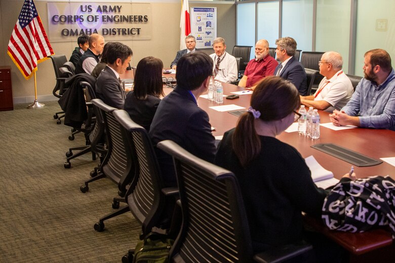 U.S. Army Corps of Engineers, Omaha District structural engineer, Bill Veys, asks questions of the Japan Ministry of Defense representatives following their overview presentation during an engineer exchange Nov. 8, 2024, at the Edward Zorinksy Federal Building in Omaha, Nebraska.