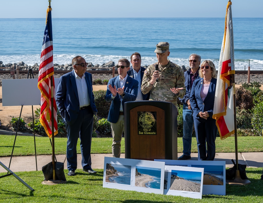 Col. Andrew Baker, U.S. Army Corps of Engineers Los Angeles District commander, third from right, speaks during a press conference Oct. 31 in San Clemente, California.