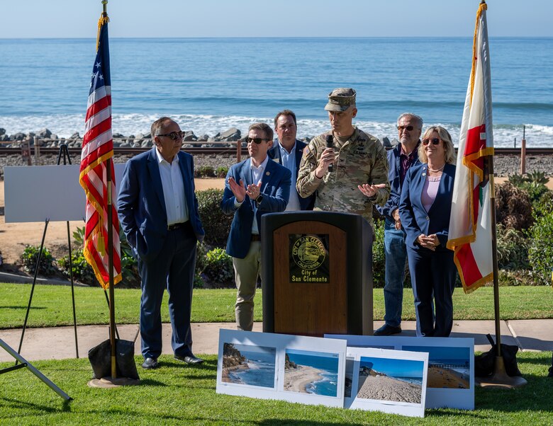 Col. Andrew Baker, U.S. Army Corps of Engineers Los Angeles District commander, third from right, speaks during a press conference Oct. 31 in San Clemente, California.