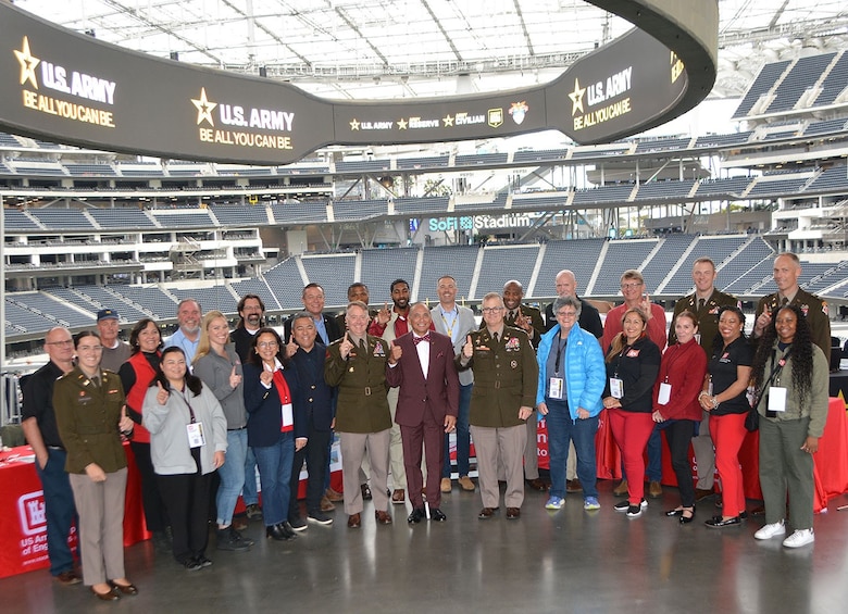 U.S. Army Corps of Engineers South Pacific Division leaders and hiring managers pose for a picture at the conclusion of the Total Army Career Fair Nov. 2 in Inglewood, California. Representatives from all four of the division's districts, which include Los Angeles, Sacramento, San Francisco and Albuquerque, participated in the event.