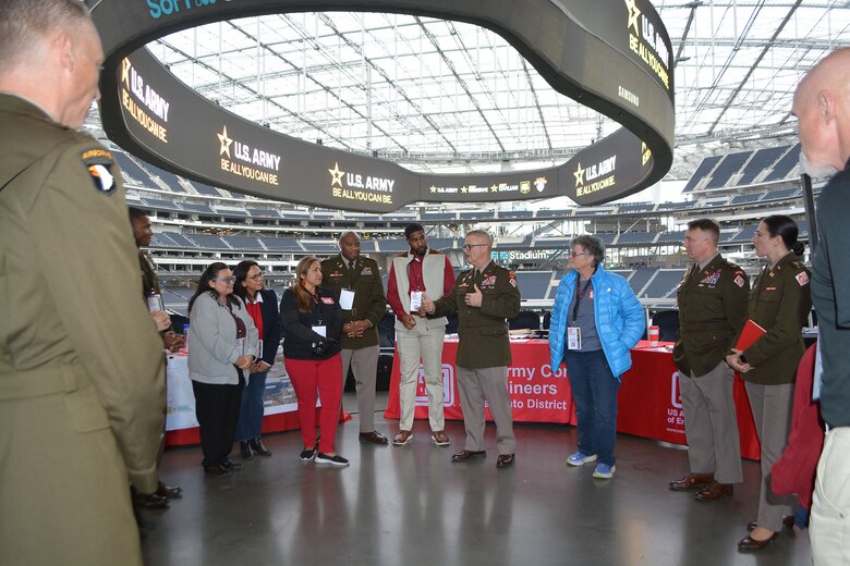 Col. James Handura, commander of the U.S. Army Corps of Engineers South Pacific Division, thanks district leaders and hiring managers for all of their hard work at the end of the Total Army Career Fair Nov. 2 at SoFi Stadium in Inglewood, California.