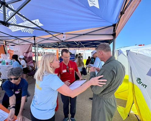 SAN DIEGO (Sept. 30, 2024) Thousands of airshow spectators had the opportunity to witness the expeditionary capabilities of Navy Medicine encapsulated in a mobile medical tent filled with cutting-edge medical simulation equipment and free skin cancer screenings at Marine Corps Air Station Miramar’s ‘America’s Airshow.'  “The Association of Military Dermatologists (AMD)—in conjunction with partners LaRoche Posay and the American Academy of Dermatology's 'Spot Skin Cancer' campaign—and a dedicated team of volunteer dermatologists, residents, and corpsmen from NMCSD, supported AMD’s Operation Sun SCREEN, whose mission is offer free skin cancer screenings during the three day Air Show and to ensure sun screen was available in ample quantities for spectators,” said LCDR Willis Lyford (Middle), NMCSD staff dermatologist.  In this photo volunteers gather for a group photo.  The mission of NMCSD is to prepare service members to deploy in support of operational forces, deliver high quality health care services, and shape the future of military medicine through education, training, and research.  NMCSD employs more than 5,000 active-duty military personnel, civilians and contractors in southern California to provide patients with world-class care. Anchored in Excellence, Committed to Health!