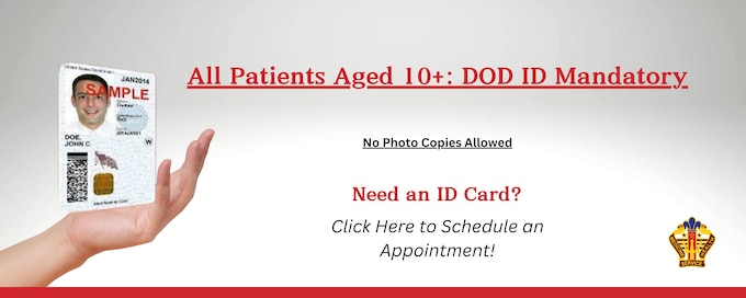 A picture of a DOD ID Card to remind patients who are ages 10 and older are required to have their ID card to receive services at Kenner Army Health Clinic.