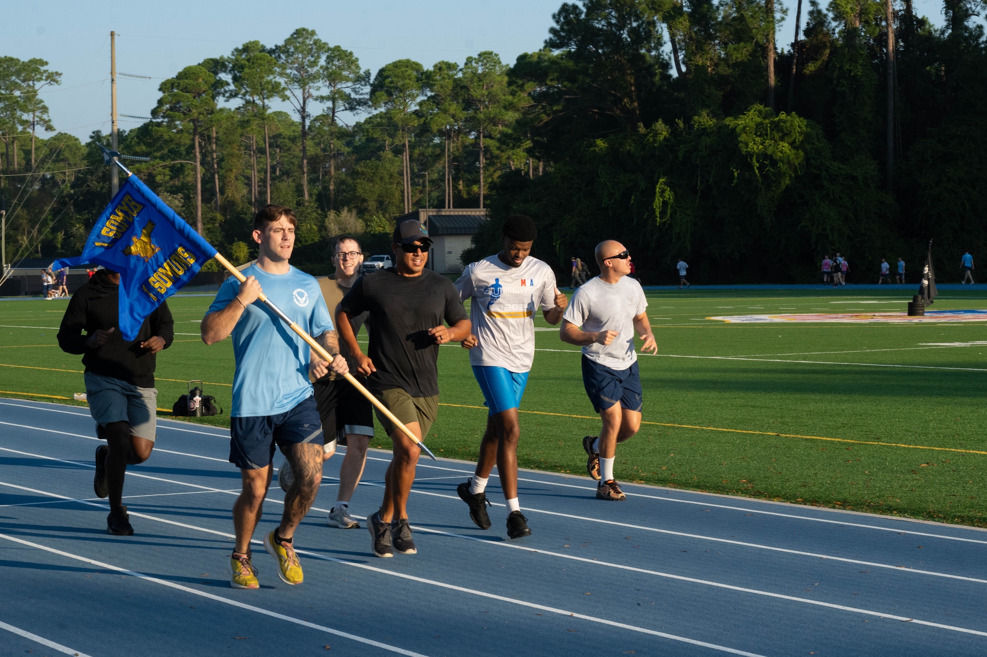 U.S. Airmen assigned to the 1st Special Operations Munitions Squadron, participate in the POW/MIA 24-hour vigil run at the Aderholt Fitness Center track at Hurlburt Field, Florida, Sept. 19, 2024.