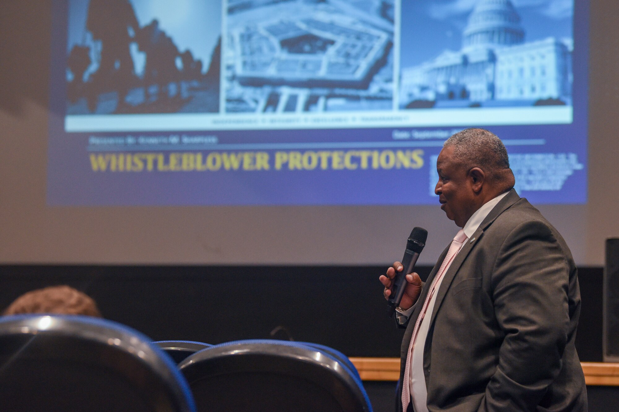 Kenneth Sharpless, Department of Defense Whistleblower Protection Coordinator, gives a brief on whistleblower protections to members of Team Mildenhall at Royal Air Force Mildenhall, England, Sept. 18, 2024.