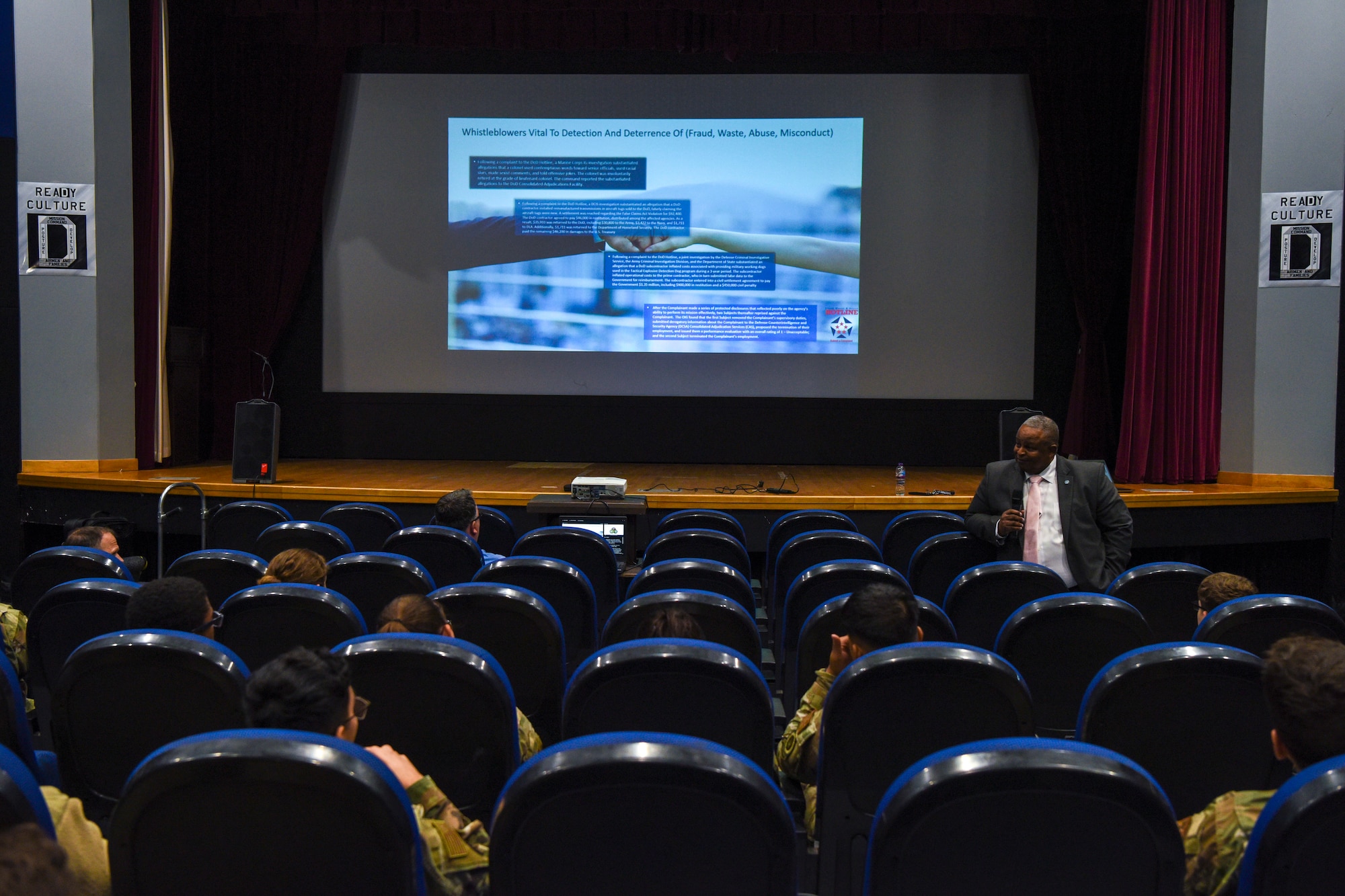 Kenneth Sharpless, Department of Defense Whistleblower Protection Coordinator, gives a brief on whistleblower protections to members of Team Mildenhall at Royal Air Force Mildenhall, England, Sept. 18, 2024.