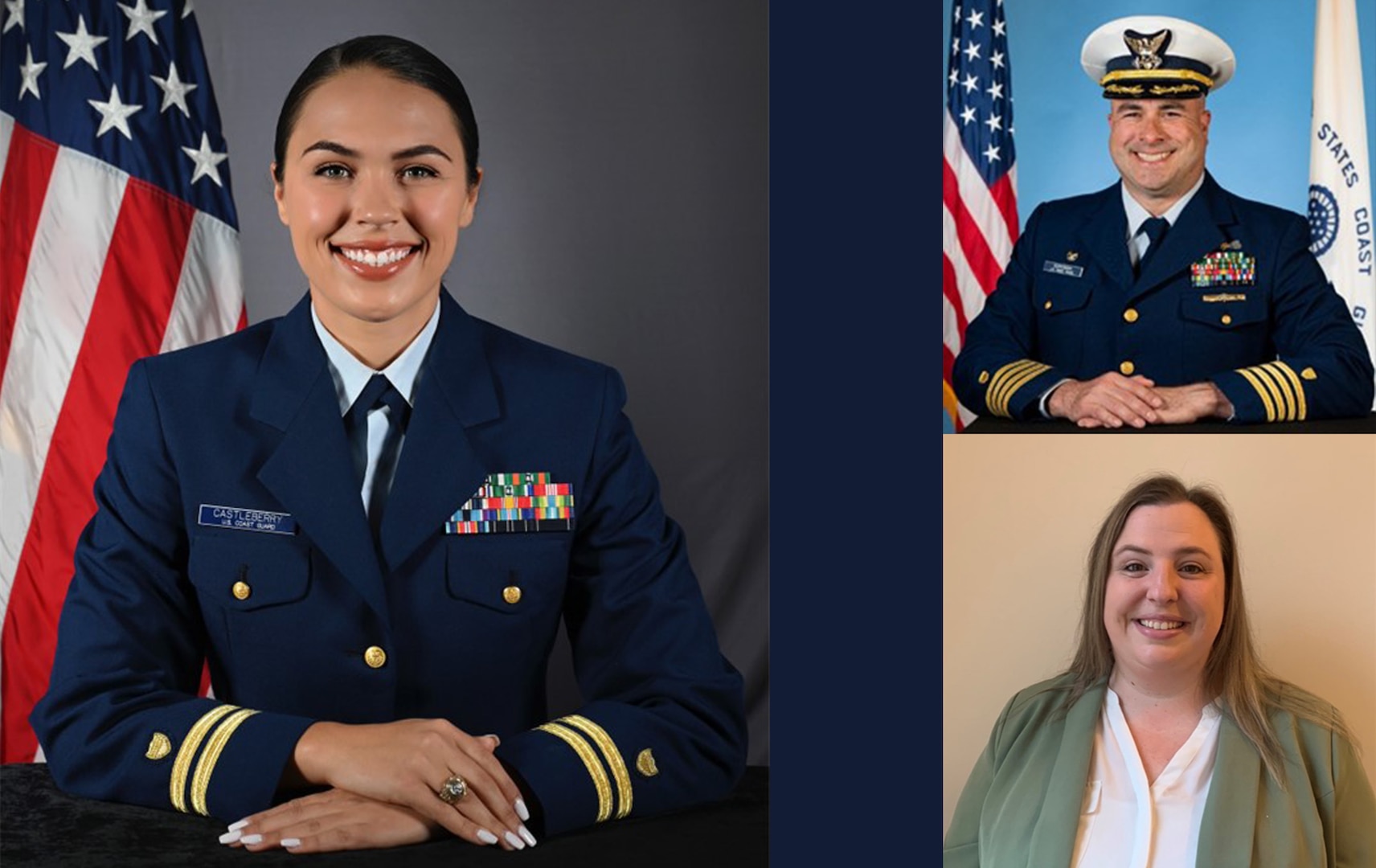 Lt. Victoria Castleberry (left), Capt. Mark Kuperman (top), and Ms. Megan Johns Henry (bottom), are all photographed in a collage together. Each of them have recently finished a Naval Postgraduate School’s Center for Homeland Defense and Security (CHDS) program.