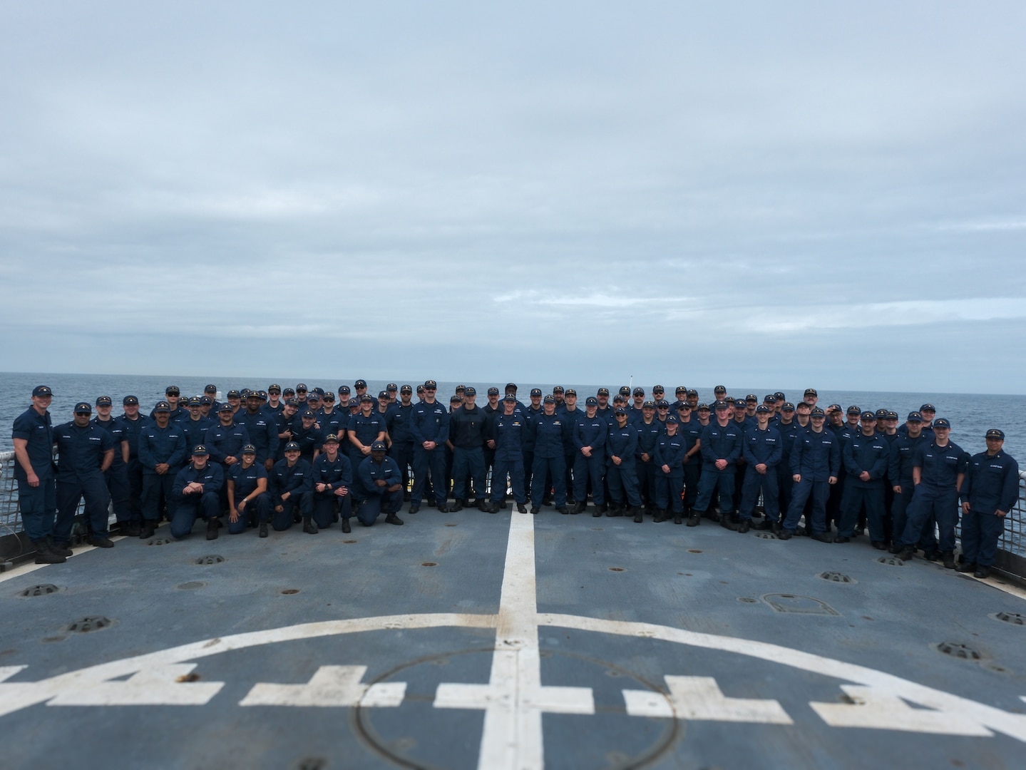 Coast Guard Cutter Northland (WMEC 904) crew members pose for a photo on the flight deck, Sept. 26, 2024, while underway in the Atlantic Ocean. Northland returned home following a 67-day patrol in support of Operation Nanook. (U.S. Coast Guard photo by Petty Officer 3rd Class Anthony Randisi)