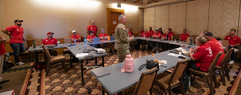 U.S. Army Col. Calvin Kroeger, Fort Worth District commander, recently met with Corps of Engineers' team members that are deployed to Maui supporting the debris cleanup mission from wildfires that swept through the small Hawaiian towns of Lahaina and Kula, Aug. 8, 2023. Pictured are members of the Recovery Field Office, the Joint Field Office and some members from the Emergency Field Office.