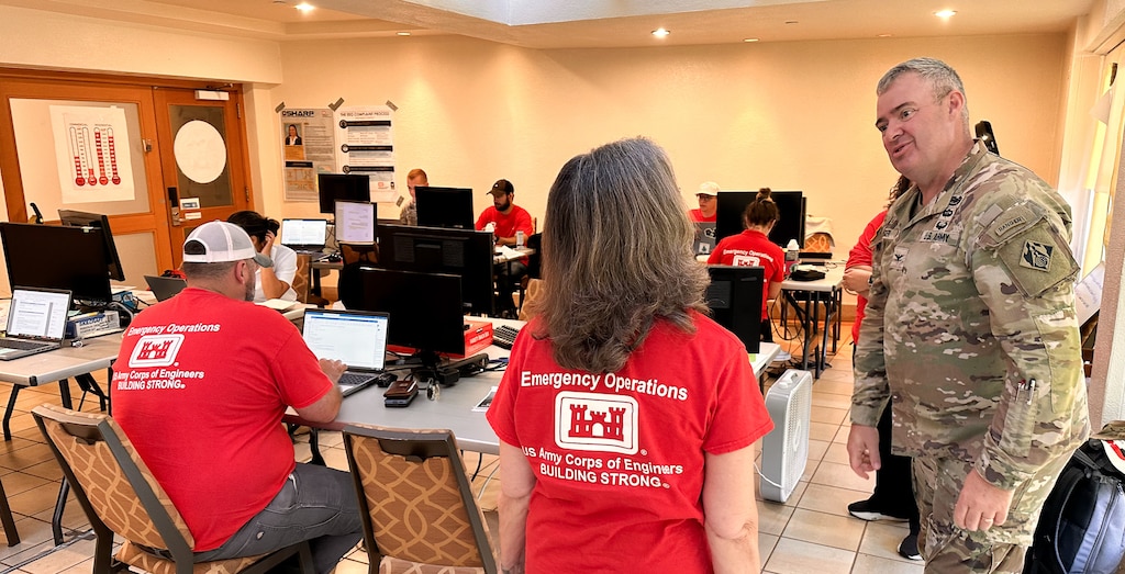 U.S. Army Col. Calvin Kroeger, Fort Worth District commander, meets with members of the Corps of Engineers' Emergency Field Operations Center, that are deployed to Maui supporting the debris cleanup mission from wildfires that swept through the small Hawaiian towns of Lahaina and Kula in August 2023.