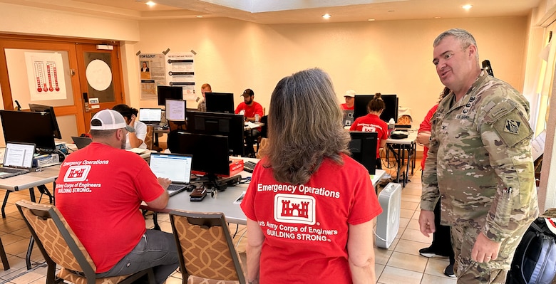 U.S. Army Col. Calvin Kroeger, Fort Worth District commander, meets with members of the Corps of Engineers' Emergency Field Operations Center, that are deployed to Maui supporting the debris cleanup mission from wildfires that swept through the small Hawaiian towns of Lahaina and Kula in August 2023.