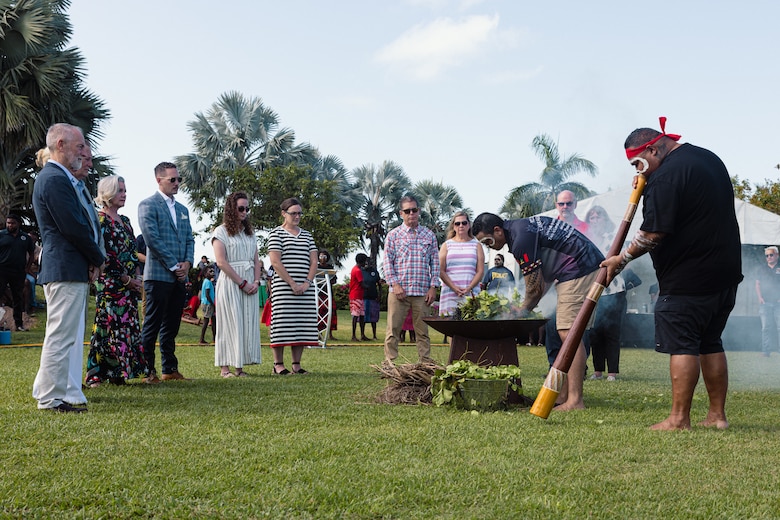 Family members of three fallen U.S. Marines who tragically lost their lives in a U.S. Marine Corps MV-22B Osprey crash on Melville Island on Aug. 27, 2023, participate in a healing ceremony hosted by the Tiwi Island-Mantiyupwi clan, in collaboration with the Larrakia Nation Aboriginal Corporation, in preparation for a Pukumani ceremony in Darwin, NT, Australia, Sept. 26, 2024. U.S. Marines were honored by the Tiwi Island and Larrakia people during the week leading up to two culturally significant ceremonies: a healing ceremony and a Pukumani ceremony. The healing ceremony, led by the Tiwi people, marked the official end of mourning and included a traditional smoking ceremony. (U.S. Marine Corps photo by Cpl. Juan Torres)