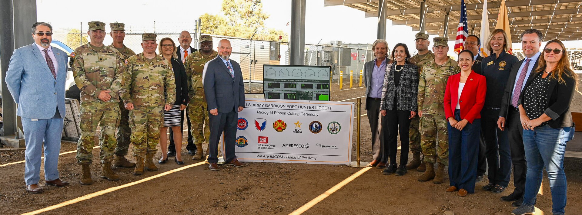 Tuesday, September 17, 2024, Fort Hunter Liggett (FHL) hosted a groundbreaking microgrid ribbon cutting ceremony. The event was narrated by FHL’s Deputy Commander Lt. Col. Amorris Conley, who introduced Garrison Commander Col. Stephen Trotter, Brig. Gen. Christopher W. Cook, Deputy Commanding General of the 63rd Readiness Division, and Col. Chad W, Caldwell of the U.S. Army Corps of Engineers, Sacramento District. Each speaker delivered remarks highlighting the significance of the ceremony and expressing gratitude to the distinguished visitors and attendees. King City Mayor Mike LeBarre presented a proclamation recognizing Fort Hunter Liggett’s achievements in advancing the microgrid project. Among the distinguished guests were Commissioner Noemi Gallardo of the California Energy Commission, Mr. Stephen Sullivan, CFO and Director for Resources, Installations and Materiel, Office of the Chief of Army Reserve, and the Honorable Rachel Jacobson, Assistant Secretary of the Army for Installations, Energy and Environment. The ceremony concluded with a ribbon cutting, a microgrid demonstration, lunch at the Warrior Restaurant, and a windshield tour of the installation. (Photo L to R: Brig. Gen. Christopher W. Cook, Deputy Commanding General of the 63rd Readiness Division, Honorable Rachel Jacobson, Assistant Secretary of the Army for Installations, Energy and Environment, Fort Hunter Liggett Garrison Commander, Col. Stephen Trotter)