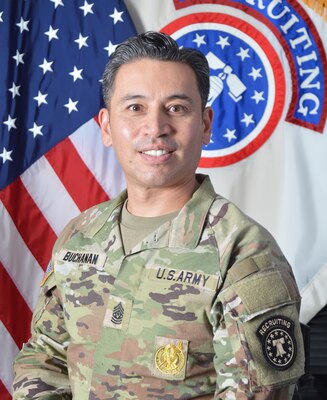 Army Soldier professional head and shoulders photo in front of United States Flag and Army Recruiting flag