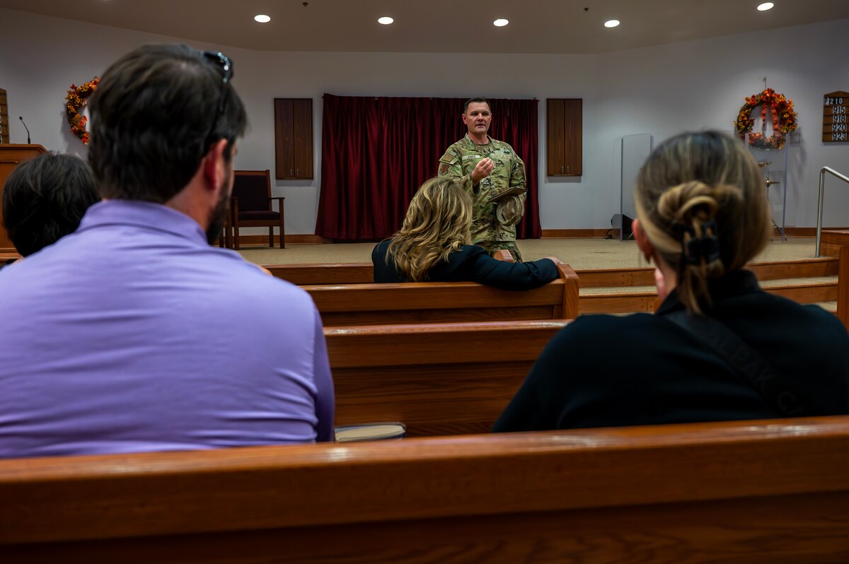 U.S. Air Force 1st Lt. Robert Joiner, 17th Training Wing chaplain, briefs 17th TRW Honorary Commanders on the mission of the wing chapel at Goodfellow Air Force Base, Texas, Sept. 27, 2024. The mission of the 17th TRW Chapel is to inspire, equip and empower joint and coalition warriors’ and their families’ spirituality. (U.S. Air Force photo by Senior Airman Sarah Williams)