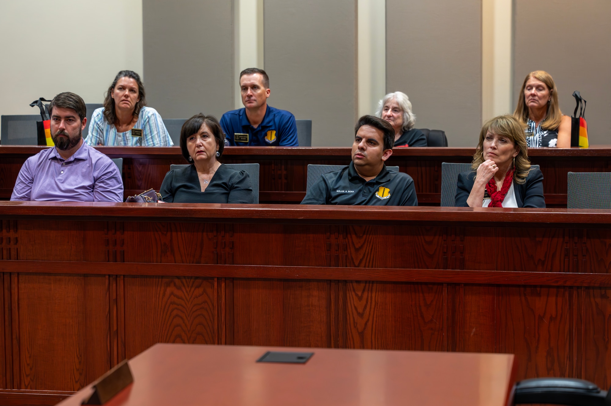 17th Training Wing Honorary Commanders act as a jury during a mock trial at Goodfellow Air Force Base, Texas, Sept. 27, 2024. Honorary commanders acted as the jury of the mock trial to understand how violations of the Uniform Code of Military Justice are treated in a military-style court. (U.S. Air Force photo by Senior Airman Sarah Williams)
