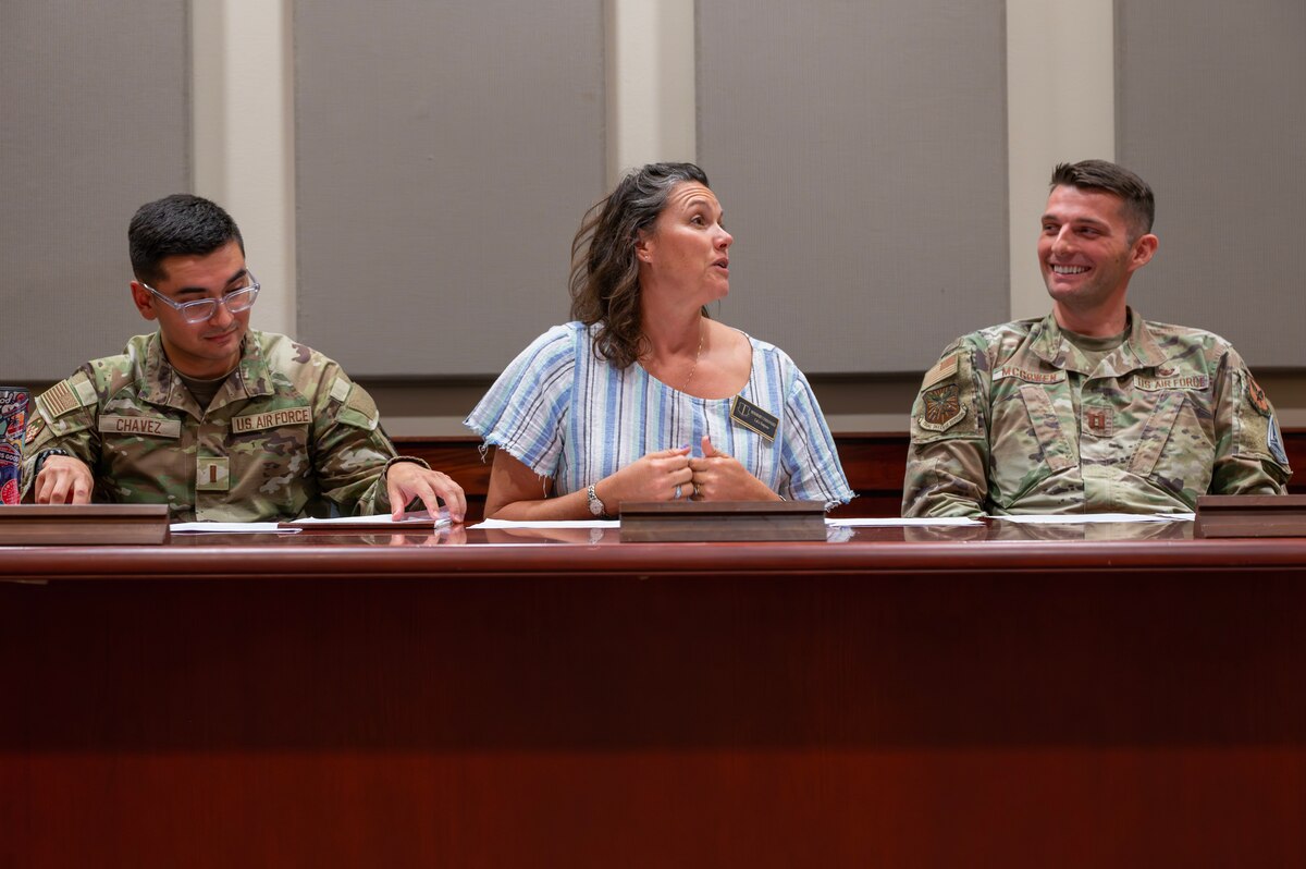 CoCo Simpson, 17th Training Wing Honorary Commander, pleads her case before a mock trial at Goodfellow Air Force Base, Texas, Sept. 27, 2024. A mock trial was held to show a small part of the process that judge advocates go through during a court martial. (U.S. Air Force photo by Senior Airman Sarah Williams)