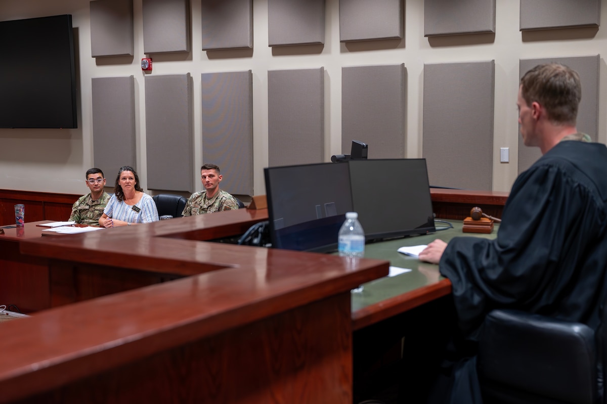 CoCo Simpson, 17th Training Wing Honorary Commander, pleads her case before a mock trial at Goodfellow Air Force Base, Texas, Sept. 27, 2024.  The mock trial provided honorary commanders with a realistic understanding of military legal proceedings, helping to foster informed decision-making to support the military community. (U.S. Air Force photo by Senior Airman Sarah Williams)
