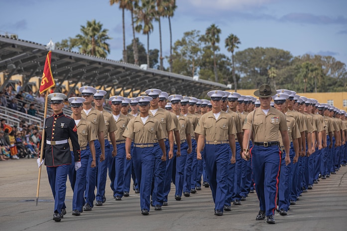 U.S. Marines with Fox Company, 2nd Recruit Training Battalion, march across the parade deck during a graduation ceremony at Marine Corps Recruit Depot San Diego, California, Sept. 20, 2024. This ceremony marked the end of a 13-week transformation process that included training in drill, marksmanship, basic combat skills, and Marine Corps customs and traditions. (U.S. Marine Corps photo by Cpl. Alexandra M. Earl)