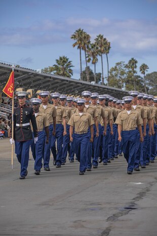 U.S. Marines with Fox Company, 2nd Recruit Training Battalion, march across the parade deck during a graduation ceremony at Marine Corps Recruit Depot San Diego, California, Sept. 20, 2024. This ceremony marked the end of a 13-week transformation process that included training in drill, marksmanship, basic combat skills, and Marine Corps customs and traditions. (U.S. Marine Corps photo by Cpl. Alexandra M. Earl)