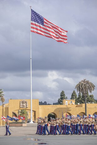 U.S. Marine Band San Diego performs during a graduation ceremony for Fox Company, 2nd Recruit Training Battalion, at Marine Corps Recruit Depot San Diego, Sept. 20, 2024. This ceremony marked the end of a 13-week transformation process that included training in drill, marksmanship, basic combat skills, and Marine Corps customs and traditions. (U.S. Marine Corps photo by Cpl. Alexandra M. Earl)