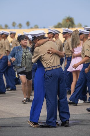 A new U.S. Marine with Fox Company, 2nd Recruit Training Battalion, greets his family after a graduation ceremony at Marine Corps Recruit Depot San Diego, California, Sept. 20, 2024. This ceremony marked the end of a 13-week transformation process that included training in drill, marksmanship, basic combat skills, and Marine Corps customs and traditions. (U.S. Marine Corps photo by Cpl. Alexandra M. Earl)