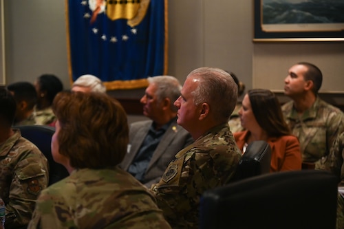 U.S. Air Force Col. Matthew Norton, the Director of Intelligence, Headquarters Air Education and Training Command, attends the Wing Mission Brief, at the Norma Brown headquarters building, Goodfellow Air Force Base, Texas, Sept. 24, 2024. Norton was briefed on the mission and history of the 17th Training Wing. (U.S. Air Force photo by Airman 1st Class James Salellas)