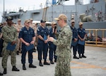 YOKOSUKA, Japan (July 9, 2024) Rear Adm. Chris Cavanaugh, commander, Submarine Group 7, addresses the crews of the Arleigh Burke-class guided-missile destroyers USS McCampbell (DDG 85) and USS Ralph Johnson (DDG 114), during a visit to the ships July 9, 2024, at Fleet Activities Yokosuka. Cavanaugh visited the crews of Arleigh Burke-class guided-missile destroyers Dewey, USS McCampbell (DDG 85) and USS Ralph Johnson (DDG 114) to commend them on their theater anti-submarine warfare efforts. (U.S. Navy photo by Mass Communication Specialist 1st Class Brian G. Reynolds)