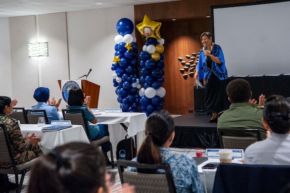 Retired Army Maj. Gen. Suzy Puanani Vares-Lum, president of the East-West Center, speaks at the Indo-Pacific Regional Military Gender Advisor Course, Honolulu, Sept. 20, 2024.