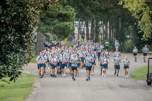 Officer trainees complete the Wings of Leadership Run on Aug. 7, 2024, at Maxwell Air Force Base, Ala. The Wings of Leadership Run is the culminating physical event for Module One at Officer Training School.