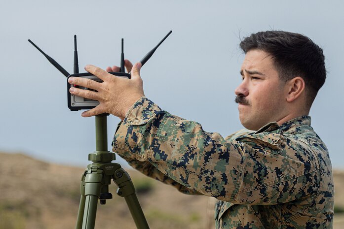 U.S. Marine Corps Lance Cpl. Dominic Albanese, a drone operator with Meteorological and Oceanographic Platoon, 1st Intelligence Battalion, I Marine Expeditionary Force Information Group, utilizes a Base Station during Cobra Horizon 24.2 at Marine Corps Base Camp Pendleton, California, Sept. 25, 2024. Cobra Horizon is a semiannual training exercise that focuses on refining expeditionary meteorology and oceanographic employment, rapid response planning processes, and integrating a multi-service METOC environment to support future missions. (U.S. Marine Corps photo by Lance Cpl. Nicole Stuart)