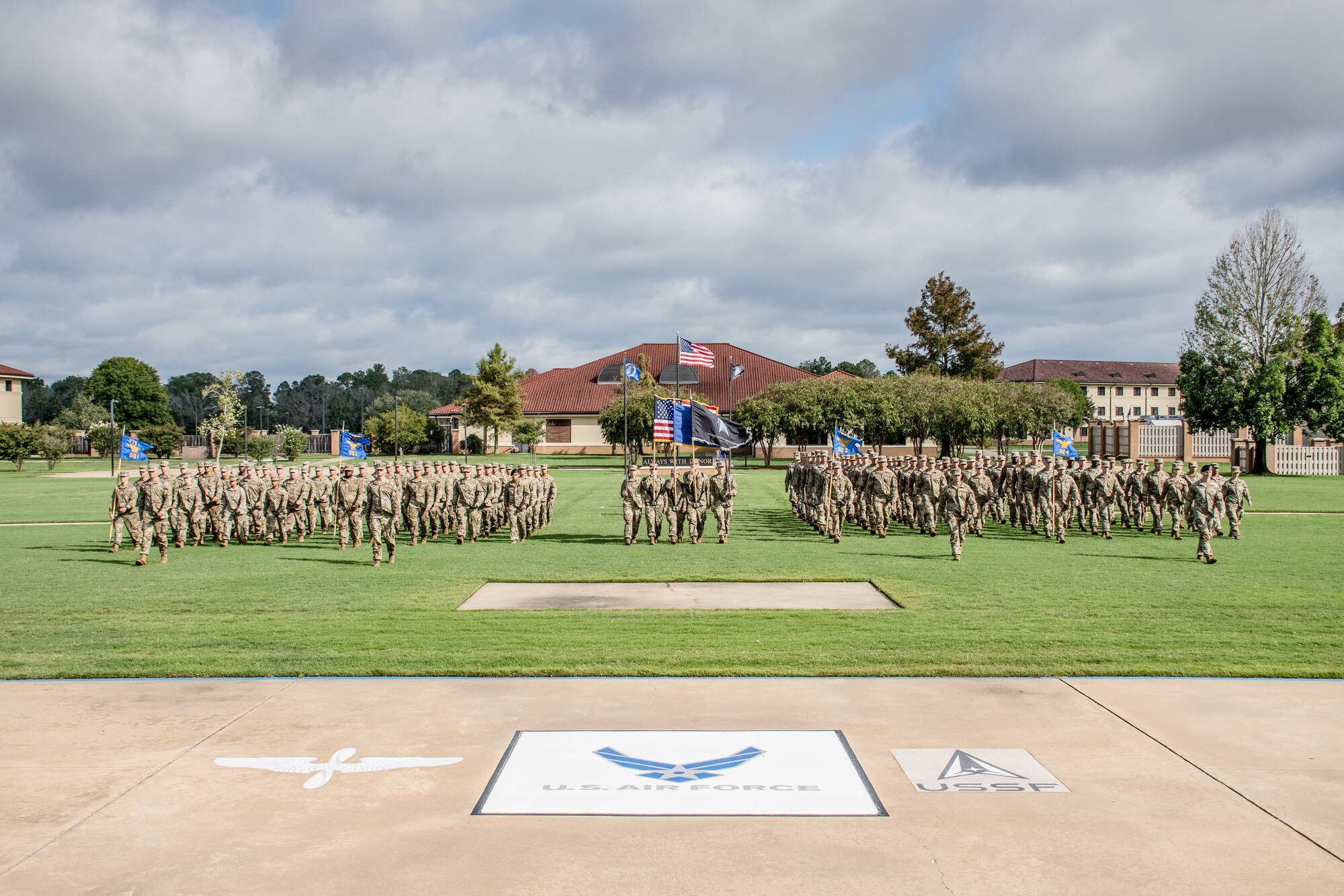 Officer Training School Class 24-18 marches during the graduation parade on Sept. 27, 2024, at Maxwell Air Force Base, Ala. During the graduation ceremony, trainees recite the Airman’s Creed and recite the Oath of Office to support and defend the constitution of the United States.