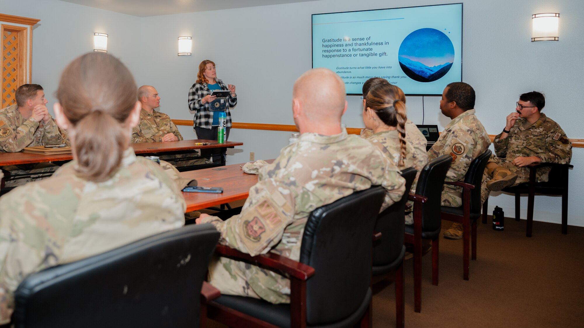 90th Missile Wing Airmen attend a gratitude and stress management class during the 90 MW’s Prevention and Resiliency Day at F.E. Warren Air Force Base, Wyoming, Sept. 25, 2024. The gratitude and stress management class taught Airmen about creating positive mindsets, positive habits, effective stress management techniques, self-care and avoiding burnout. (U.S. Air Force photo by Staff Sgt. Michael A. Richmond)