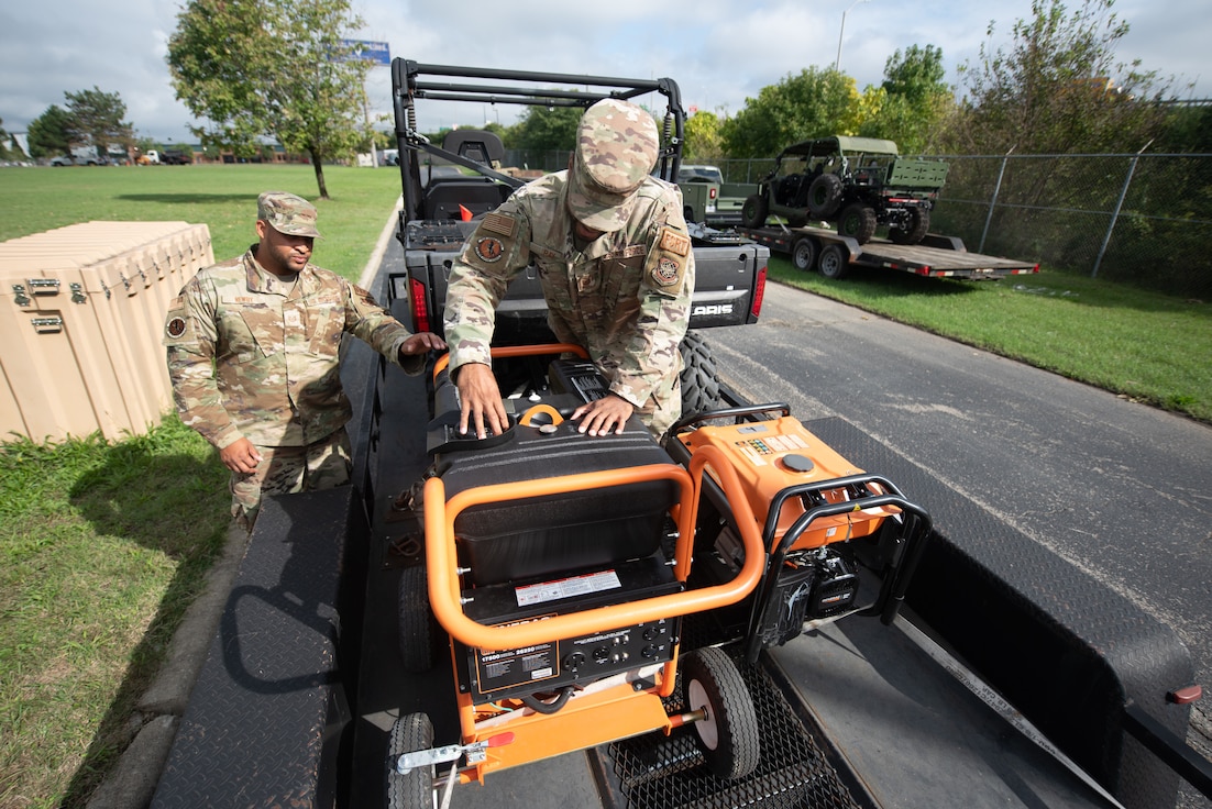 Members of the 123rd Airlift Wing’s Fatality Search and Recovery Team prepare equipment for deployment form the Kentucky Air National Guard Base in Louisville, Ky., Sept. 30, 2024, in response to massive flooding across North Carolina following Hurricane Helene. The 11-Airman team left Louisville Oct. 1 and will operate from Hickory, N.C, where they will assist coroners and other local officials in the recovery of flood casualties. (U.S. Air National Guard photo by Phil Speck)