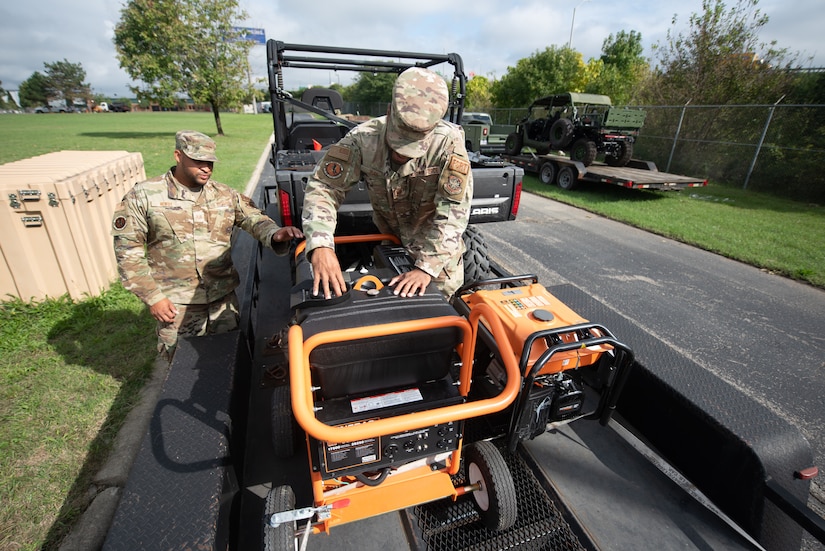 Members of the 123rd Airlift Wing’s Fatality Search and Recovery Team prepare equipment for deployment form the Kentucky Air National Guard Base in Louisville, Ky., Sept. 30, 2024, in response to massive flooding across North Carolina following Hurricane Helene. The 11-Airman team left Louisville Oct. 1 and will operate from Hickory, N.C, where they will assist coroners and other local officials in the recovery of flood casualties. (U.S. Air National Guard photo by Phil Speck)