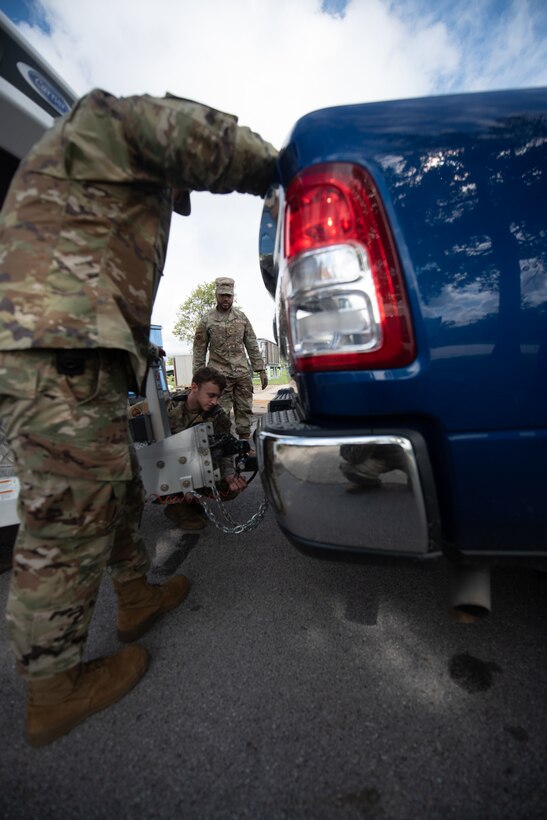 Members of the 123rd Airlift Wing’s Fatality Search and Recovery Team prepare equipment for deployment form the Kentucky Air National Guard Base in Louisville, Ky., Sept. 30, 2024, in response to massive flooding across North Carolina following Hurricane Helene. The 11-Airman team left Louisville Oct. 1 and will operate from Hickory, N.C, where they will assist coroners and other local officials in the recovery of flood casualties. (U.S. Air National Guard photo by Phil Speck)