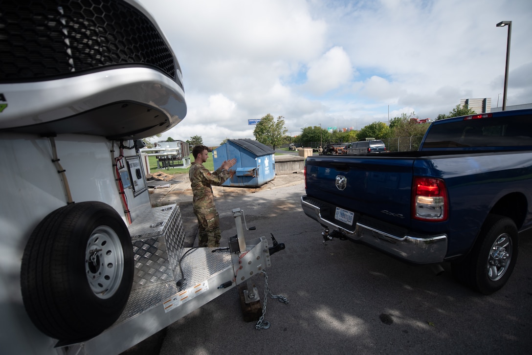 Members of the 123rd Airlift Wing’s Fatality Search and Recovery Team prepare equipment for deployment form the Kentucky Air National Guard Base in Louisville, Ky., Sept. 30, 2024, in response to massive flooding across North Carolina following Hurricane Helene. The 11-Airman team left Louisville Oct. 1 and will operate from Hickory, N.C, where they will assist coroners and other local officials in the recovery of flood casualties. (U.S. Air National Guard photo by Phil Speck)