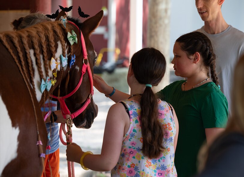 A couple teens pet a horse on the snout.