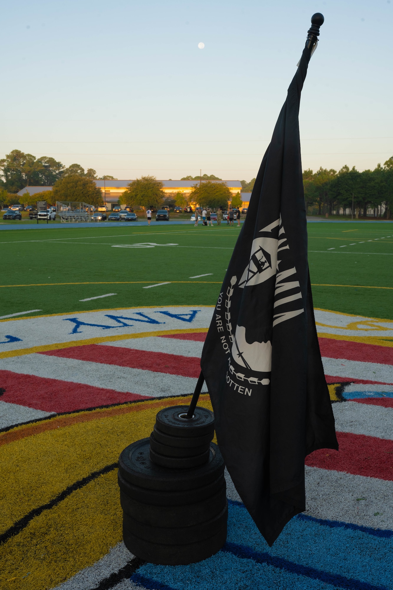A POW/MIA flag is placed at the Aderholt Fitness Center track for National POW/MIA Recognition Day at Hurlburt Field, Florida, Sept. 19, 2024.