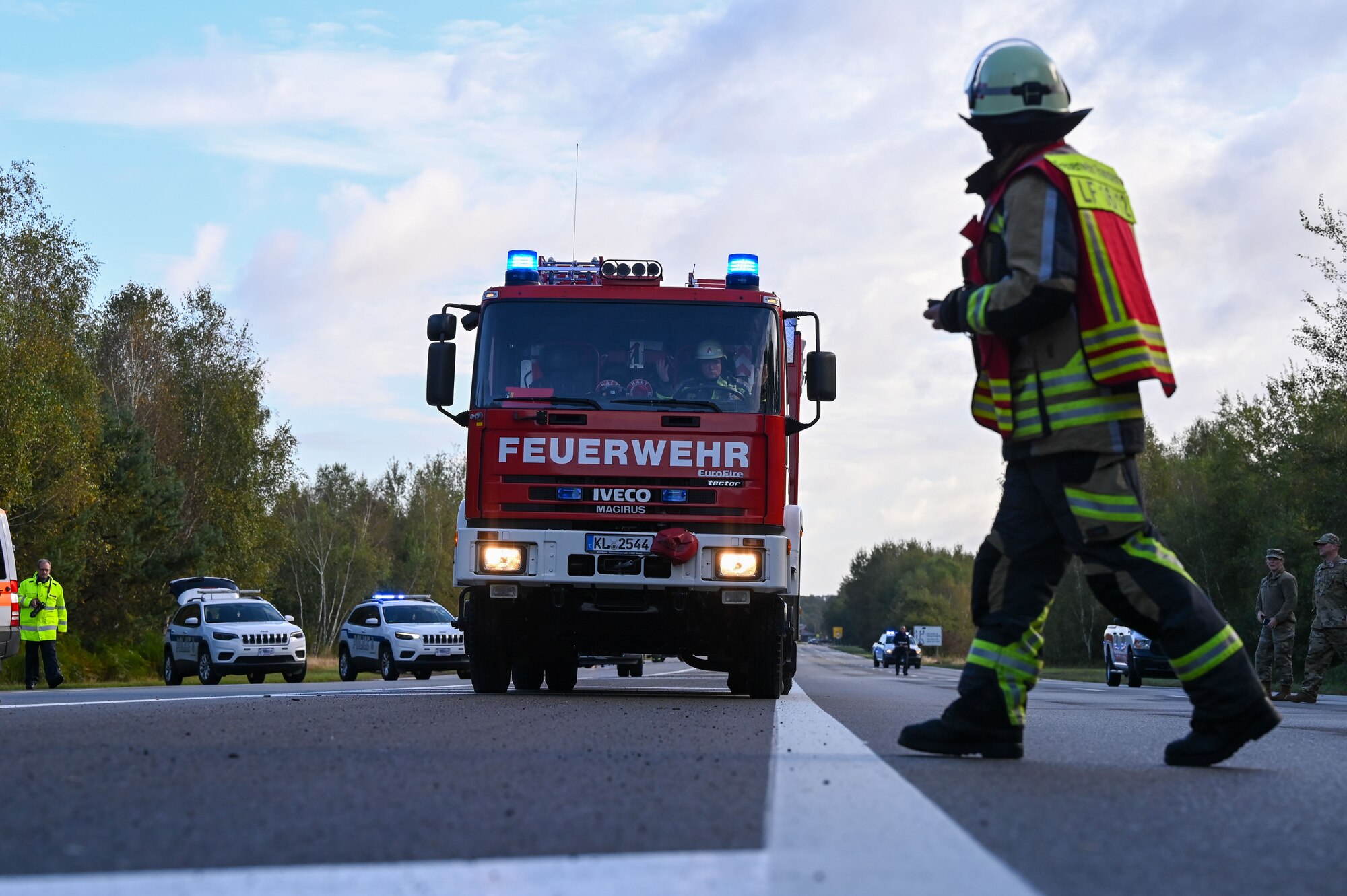 A local German fire truck arrives at a disaster response exercise
