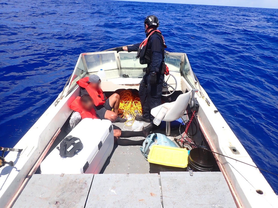 The crew of Coast Guard Cutter Joseph Tezanos interdicted a drug smuggling vessel in which the crew seized 176 kilograms of cocaine and apprehended two suspected smugglers off the coast of Rincon, Puerto Rico, Sept. 28, 2024.  The seized contraband is estimated to have a wholesale value of $4.3 million dollars, while the contraband and two apprehended smugglers were transferred to DEA Special Agents in Mayaguez, Puerto Rico, Sept. 29, 2024. (U.S. Coast Guard photo)